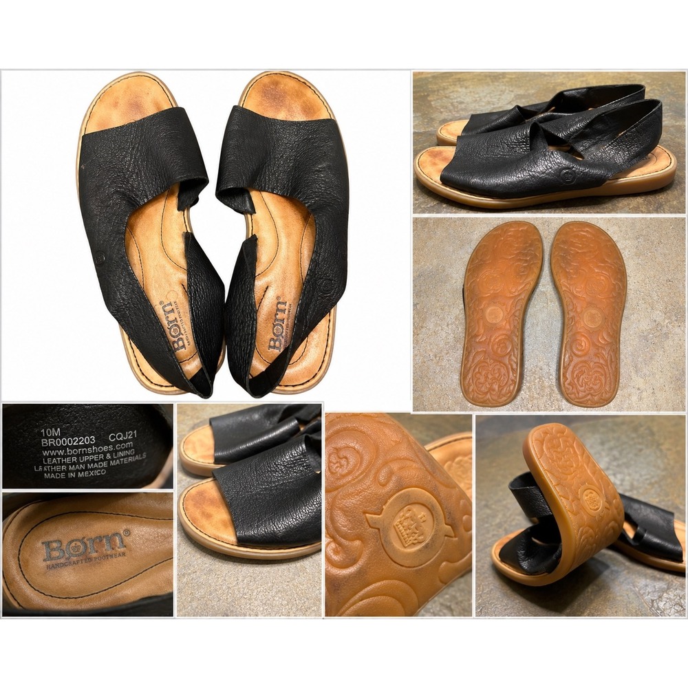 Born Womens Black Pebbled Leather Slingback Flat Sandals BR0002203 Size 10M